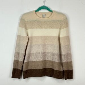 L.L. Bean Women's Brown Beige Striped Crew Neck Cashmere Sweater L Luxury Preppy